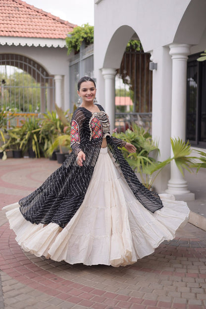 RangBhoomi Kora Cotton Lehenga & Faux Georgette Kurti Set - Full-Stitched, Frilled Lehenga, Laheriya Print Kurti