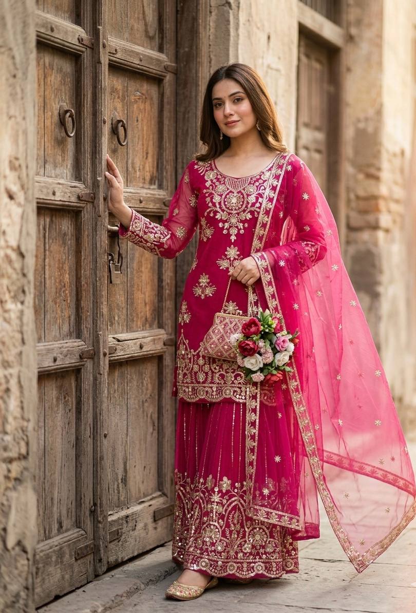 RangBhoomi Orgenza Twine Net Top, Sharara & Dupatta Set — Embroidered Ready-to-Wear