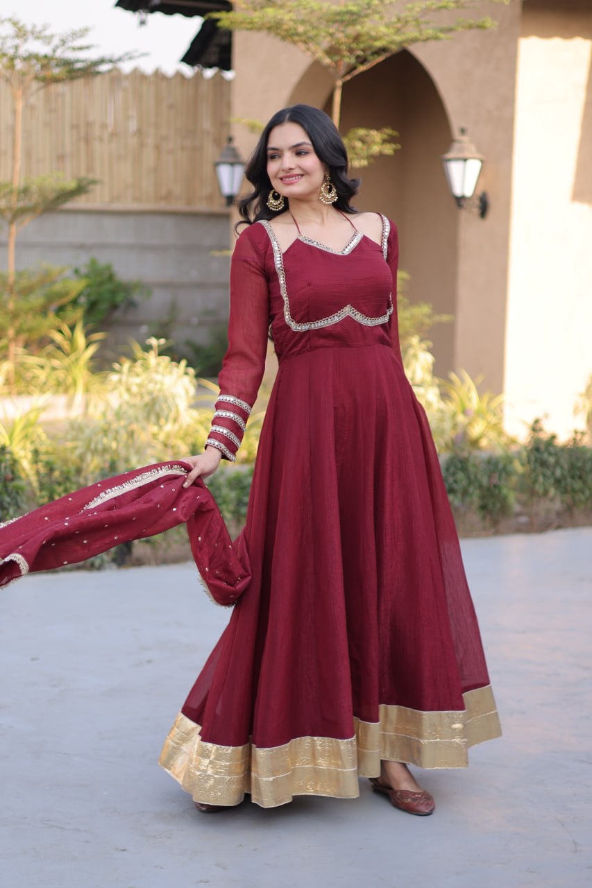 RangBhoomi Silver Mirror Lace Gown with Dupatta - Elegant Occasion Wear