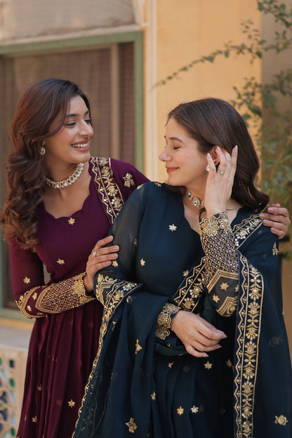 Models showcasing plum and teal designer Anarkali gowns with dupatta.