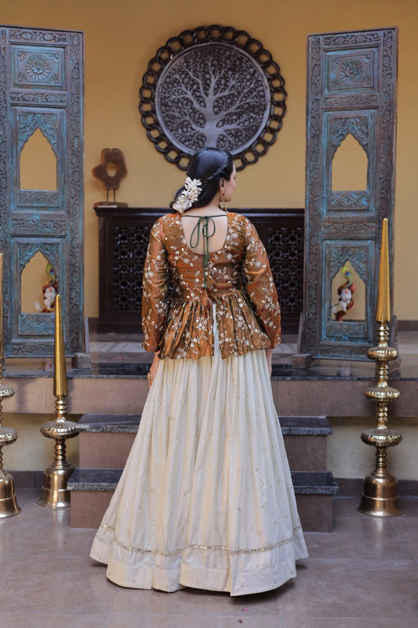 RangBhoomi Elegant Silk Embroidered Crop Top Set with Flared Lehenga and Sequined Detailing