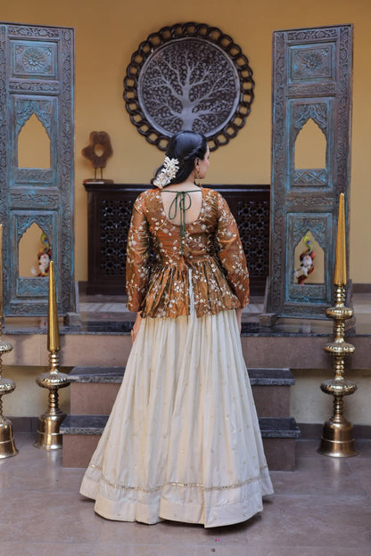 RangBhoomi Elegant Silk Embroidered Crop Top Set with Flared Lehenga and Sequined Detailing