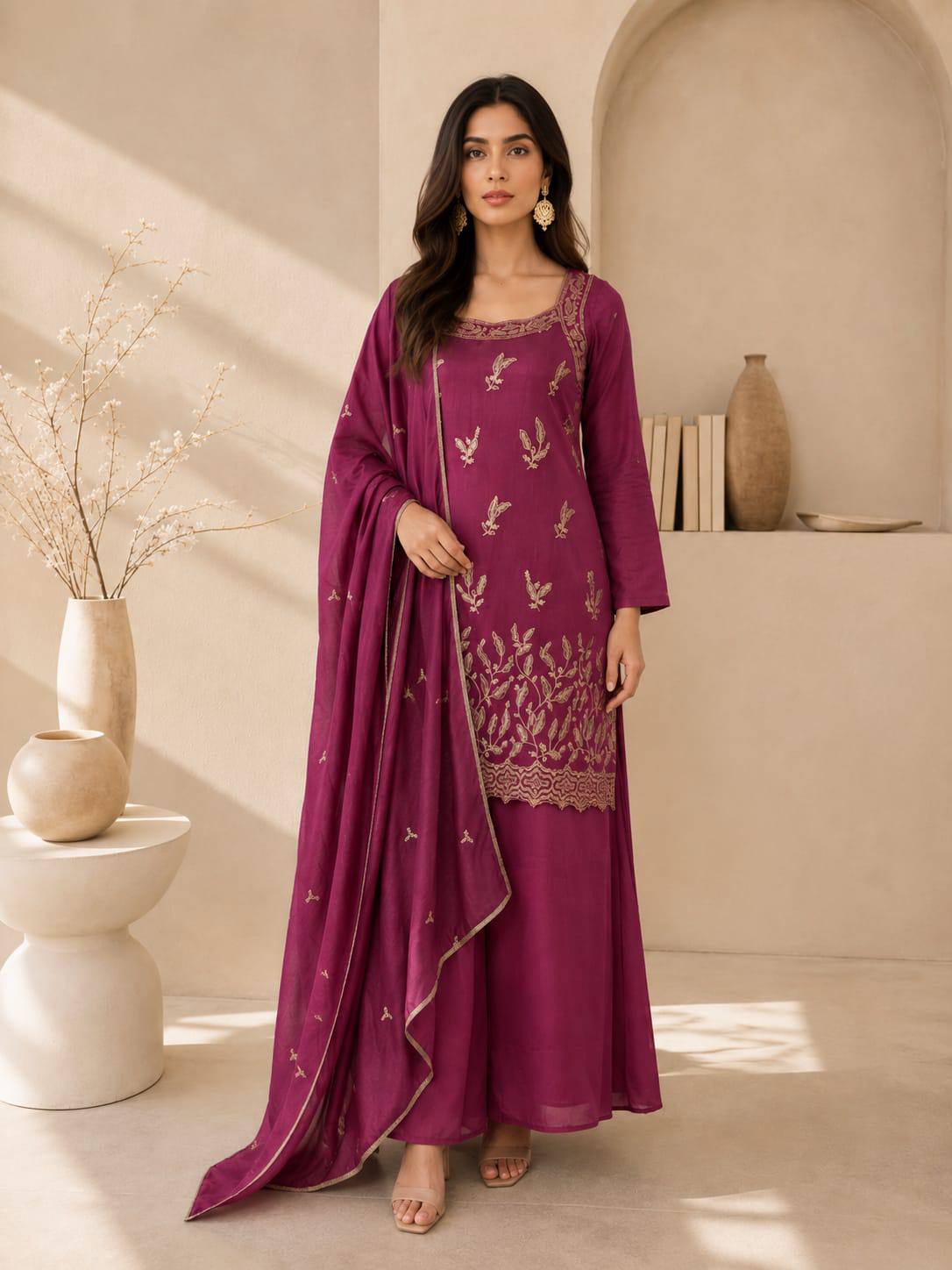 Designer Fusion Style Luxury Edition Women's Ethnic Ensemble – Vichitra Silk Embroidered Top, Palazzo, and Heavy Lace Dupatta