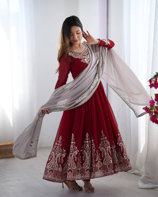 RangBhoomi Heavy Designer Party Wear Gown with Dupatta — Full-Sleeve Embroidered Georgette
