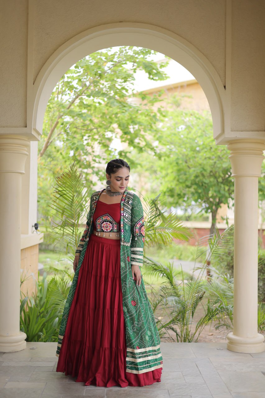 RangBhoomi Navratri 2026 Rayon Lehenga Set with Bandhani Shrug — Full-Stitched Festive Ensemble