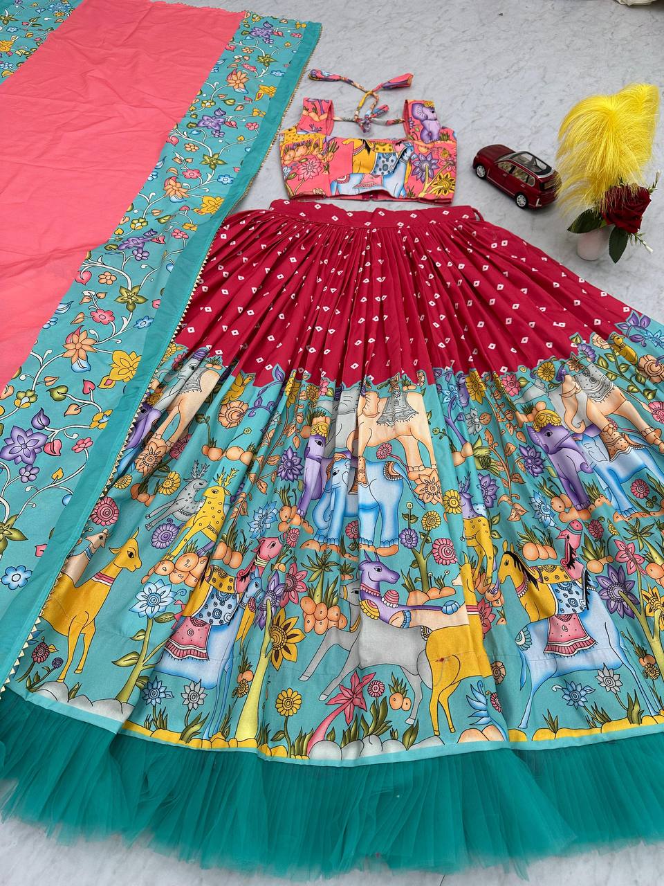 Complete Kalamkari Lehenga Choli set showcasing choli, lehenga, and dupatta.