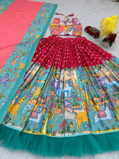 Complete Kalamkari Lehenga Choli set showcasing choli, lehenga, and dupatta.
