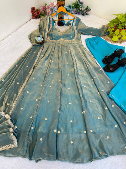 Elegant Party Wear Fendi Satin Gown Set with Dupatta and Pants Featuring 3MM Rembo Sequin and Zari Embroidery