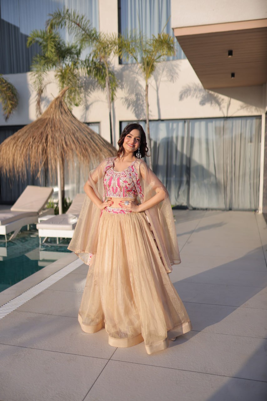 Elegant Sindur Silk Embroidered Lehenga Choli Set with Sleeveless Blouse and Matching Shrug