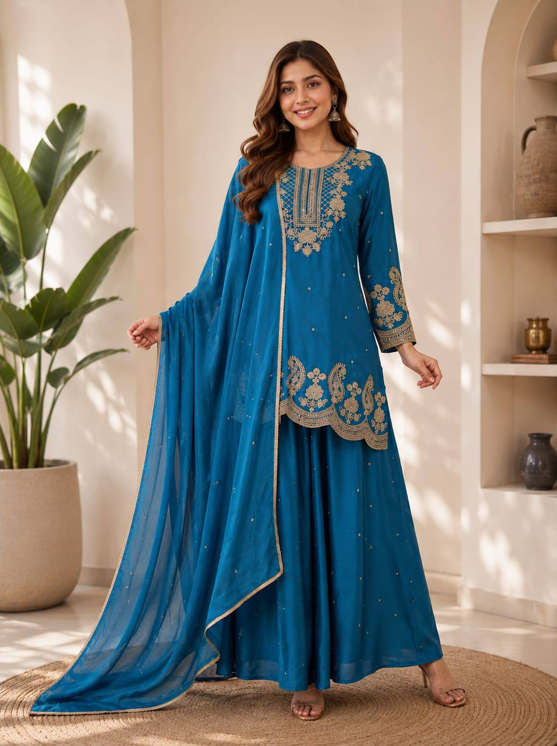 RangBhoomi Designer Festival Ensemble - Embroidered Chinon Top with Rangoli Crush Palazzo & Dupatta