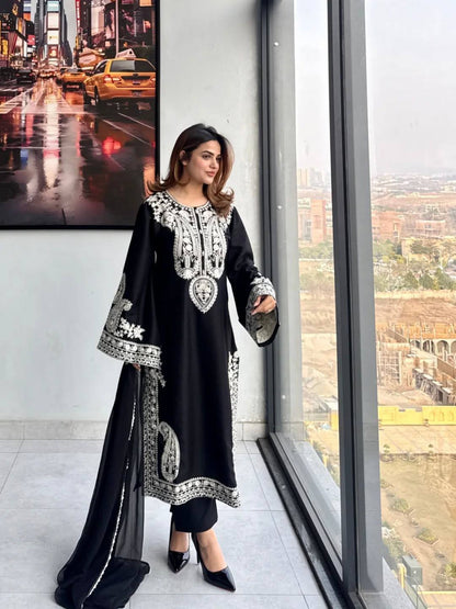 Elegant Designer Party Wear Set with Pure Soft Nylon Organza Silk Top, Palazzo Pants & Dupatta