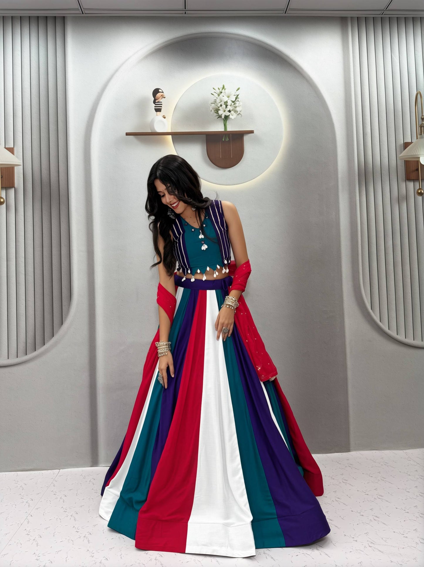 RangBhoomi Navratri Special Vintage Lehenga Choli with Dupatta — Pure Cotton, Hand Mirror & Thread Work