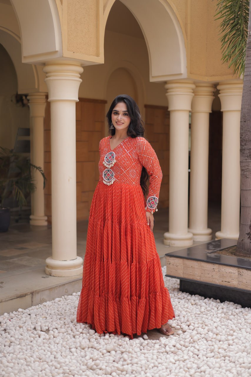 RangBhoomi Navratri Gown 2026 – Laheriya Print with Kutchi Patchwork, Faux Georgette Lined Cotton, Full Sleeve, 56 Inch Length
