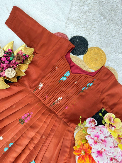 Embroidered Mull Cotton Festival Gown – Elegant Fully Stitched Celebration Wear