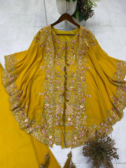 Elegant Designer Kurta and Palazzo Set with Sequined Embroidered Shrug in Luxurious Faux Georgette Fabric
