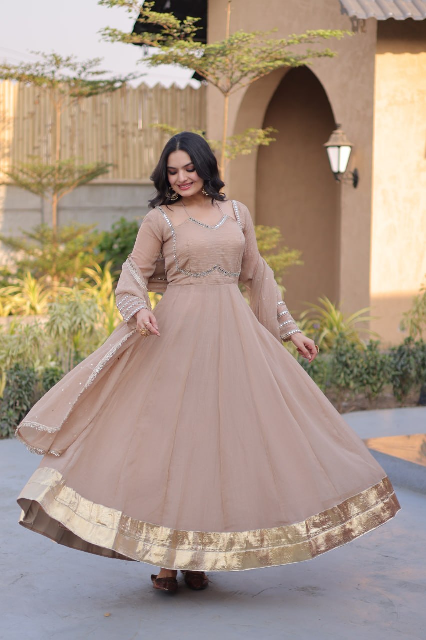 RangBhoomi Silver Mirror Lace Gown with Dupatta - Elegant Occasion Wear