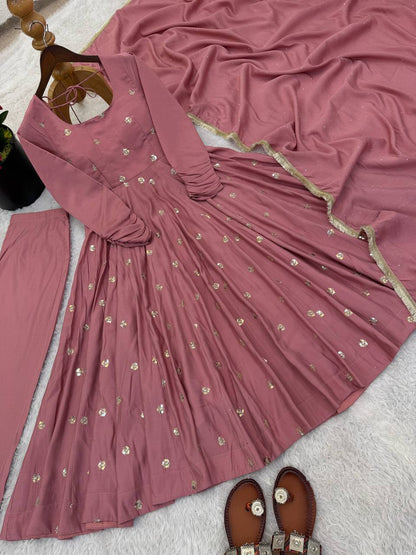 Elegant Ready-to-Wear Designer Gown and Dupatta Set in Roman Silk with Exquisite Embroidery