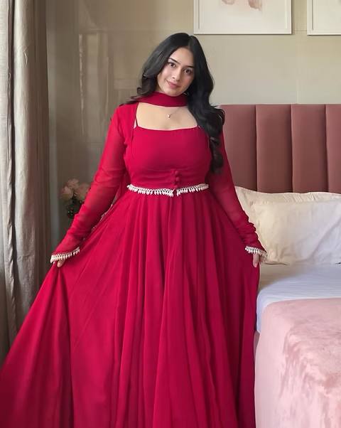 RangBhoomi Cinderella Red Fox Georgette Floor-Length Anarkali with Tassel Embellishments