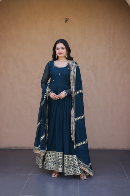 RangBhoomi Festive Faux Blooming Gown with Embroidered Dupatta - Rama & Maroon
