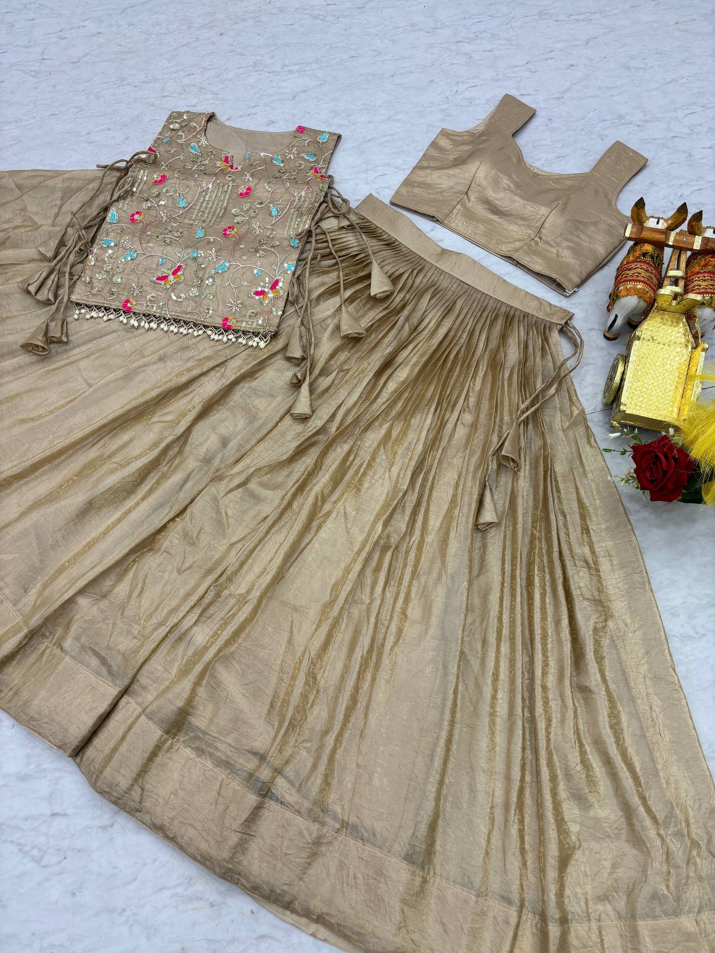 RangBhoomi Exquisite Wedding Lehenga Choli Set in Pure Gold Crush Fabric with Heavy Embroidery and Thread Work