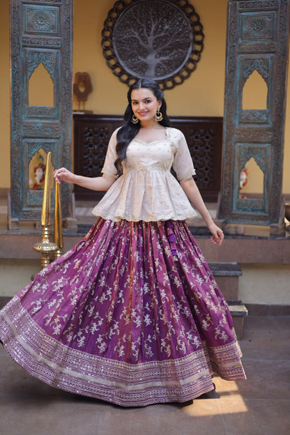 RangBhoomi Designer Dyeable Viscose Jacquard Lehenga Choli Set - Parrot & Wine
