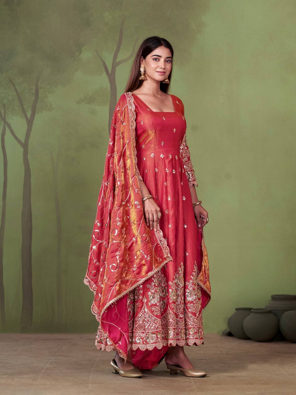 RangBhoomi Designer Party Wear Gown Set — 10 Colors, Heavy Jelly Shimmer Silk, Fully Stitched Embroidered Gown with Dupatta & Micro-Cotton Pant