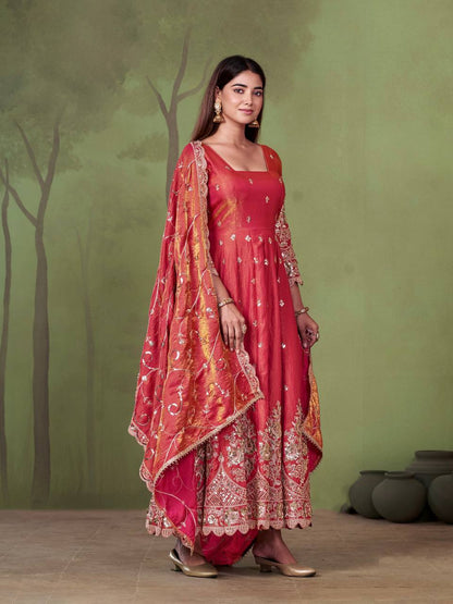 RangBhoomi Designer Party Wear Gown Set — 10 Colors, Heavy Jelly Shimmer Silk, Fully Stitched Embroidered Gown with Dupatta & Micro-Cotton Pant