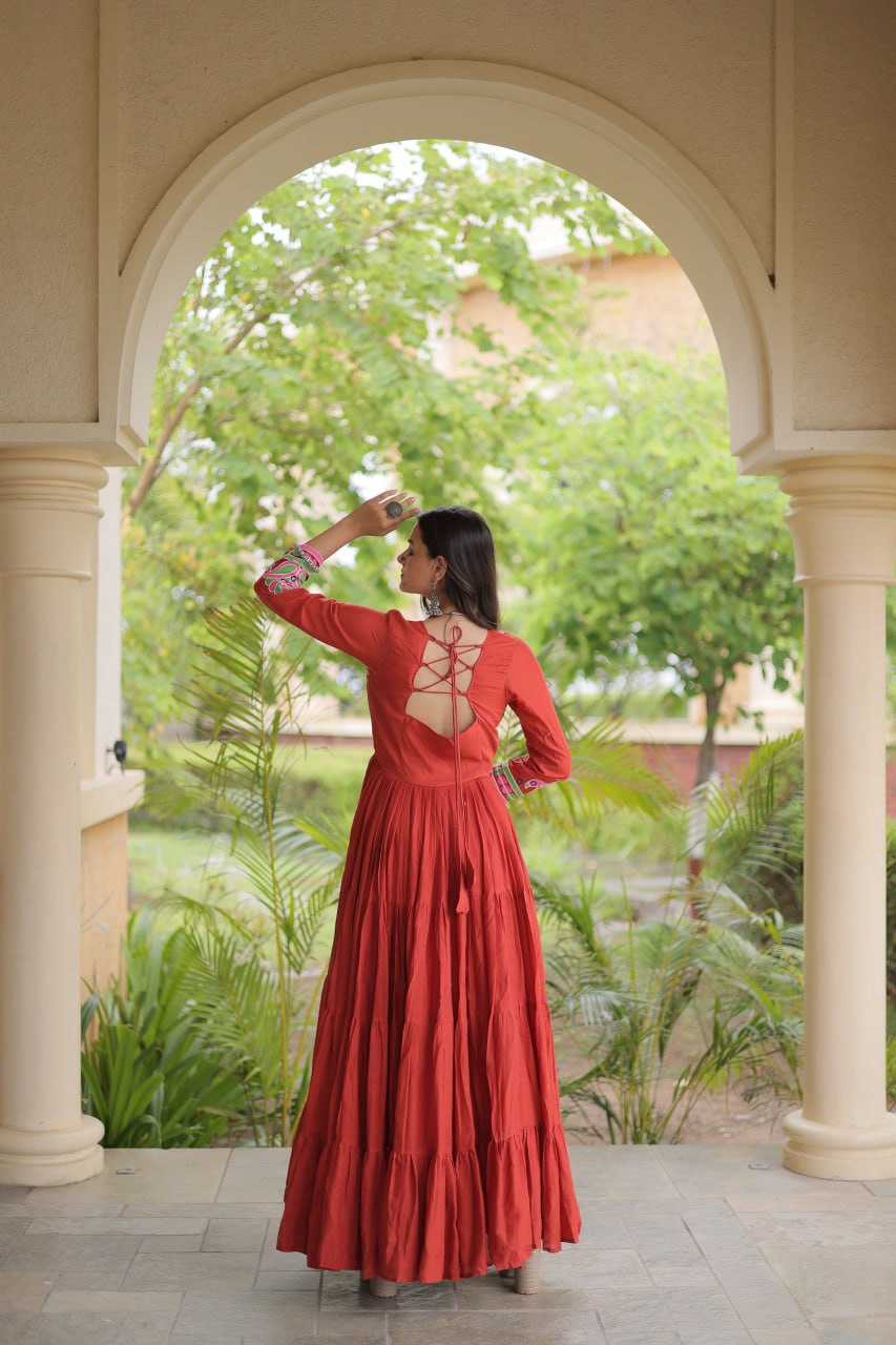 RangBhoomi Navratri Embroidered Kora Cotton Gown - Full Sleeve 54" Length (Rust, Purple)