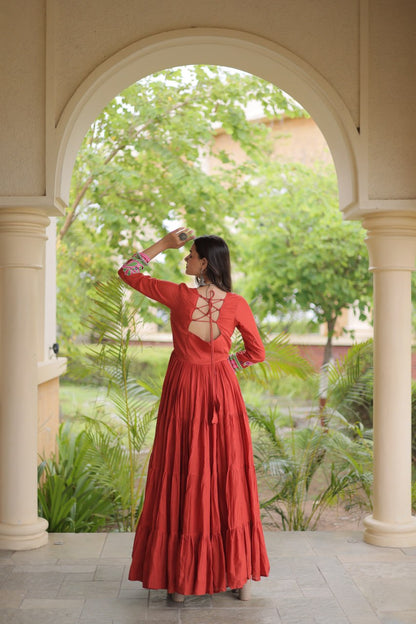 RangBhoomi Navratri Embroidered Kora Cotton Gown - Full Sleeve 54" Length (Rust, Purple)