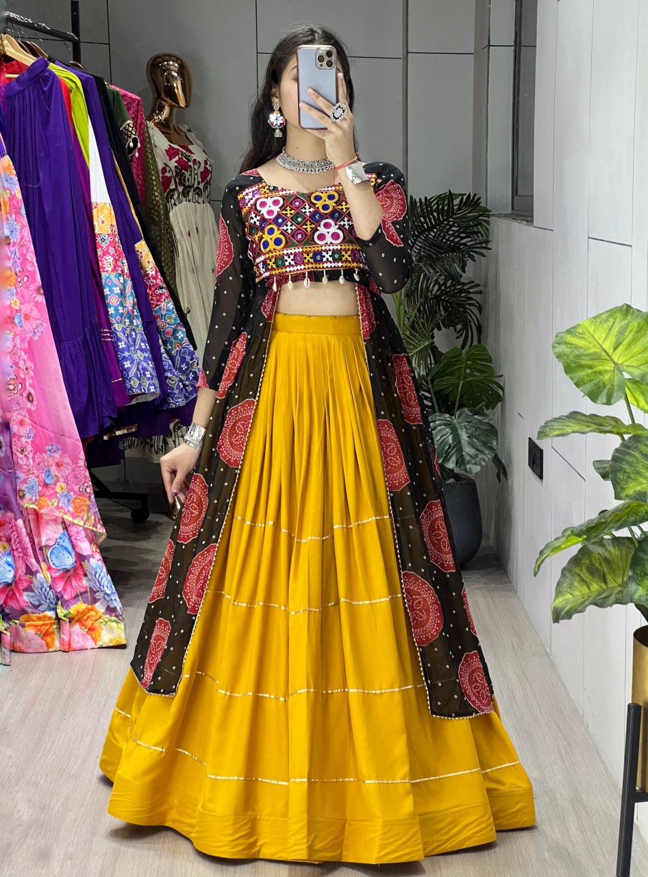 Colorful Bandhani Print Kurtis with Mustard Rayon Cotton Lehenga Sets