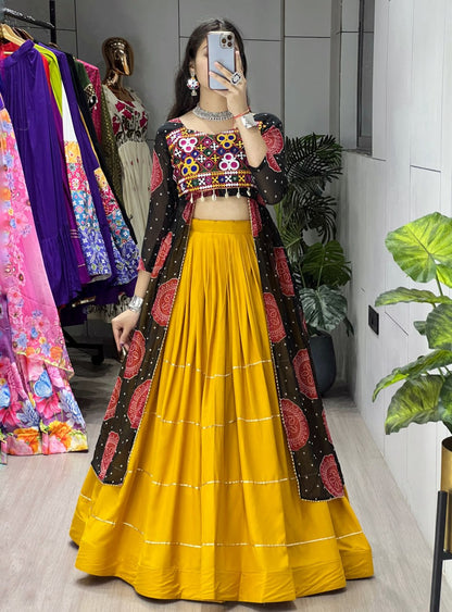 Colorful Bandhani Print Kurtis with Mustard Rayon Cotton Lehenga Sets