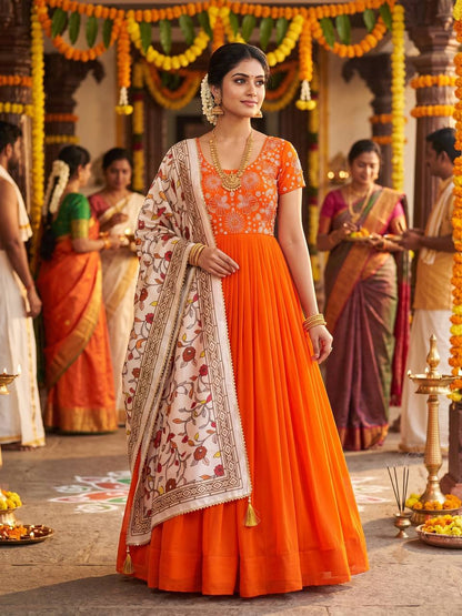 RangBhoomi Maggam Work Georgette Silk Gown with Kalamkari Dupatta — Festive Elegance