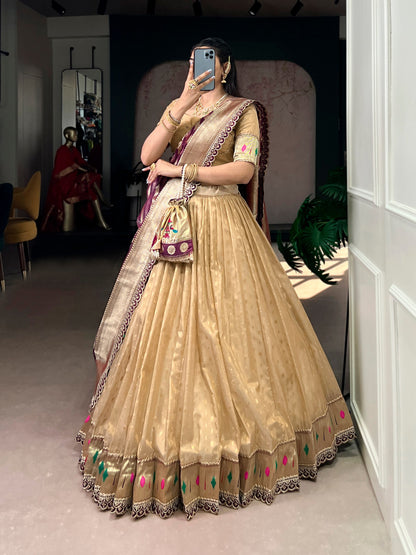 Paithani Lehenga Choli Ensemble 2026 - Shimmering Organza with Zari Weaving and Jacquard Silk Dupatta