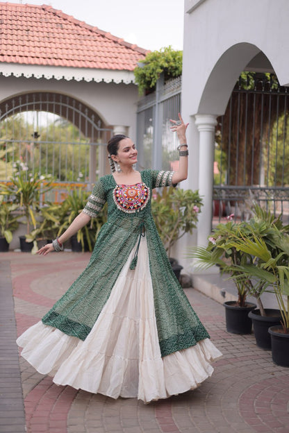 RangBhoomi Navratri 2026 Bandhani Lehenga Set — Full-Stitched Kora Cotton Lehenga with Faux Georgette Kurti