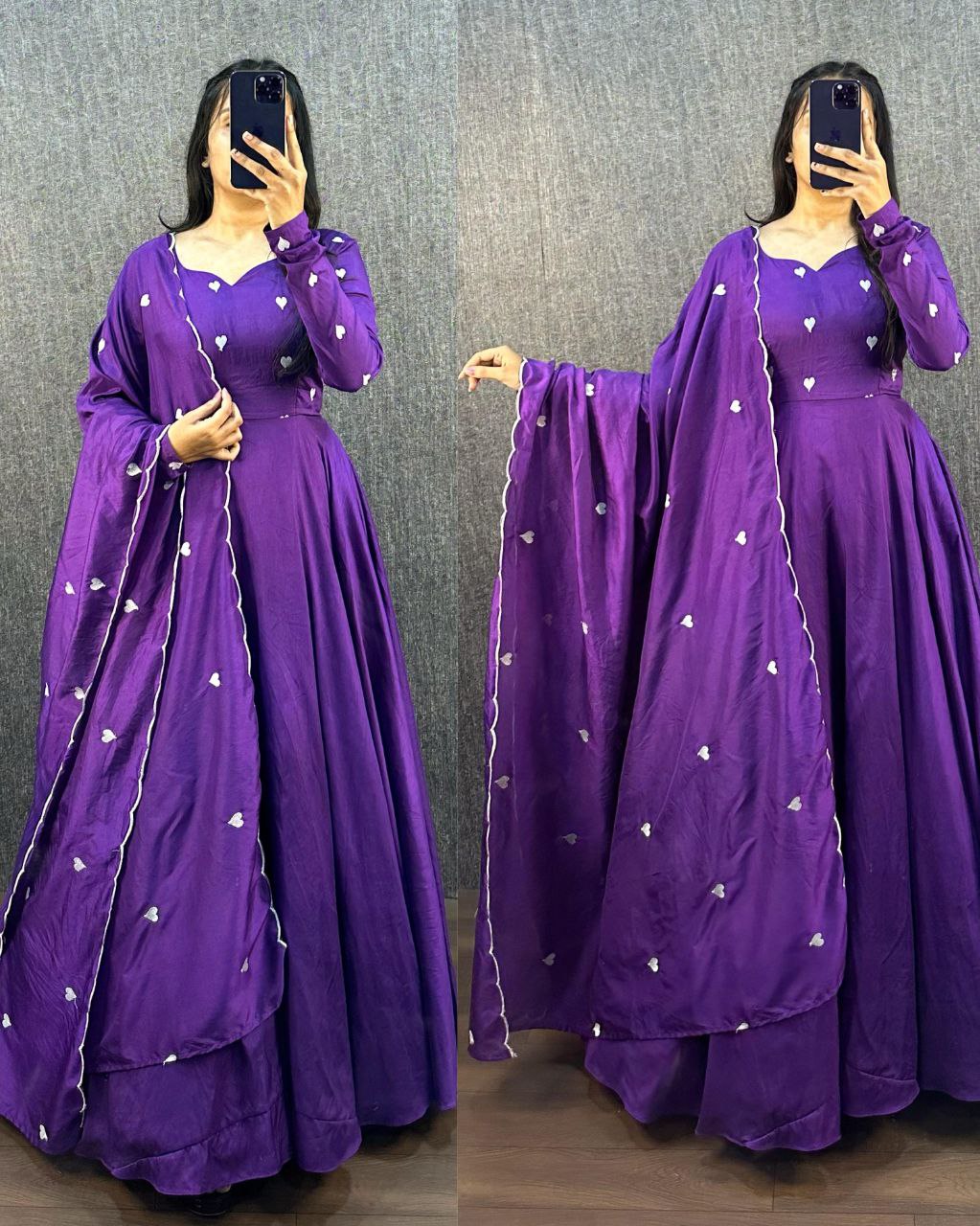 Purple Ajrak Heart Gown with dupatta, showing the gown's drape and design.