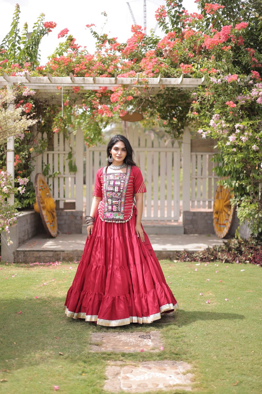 RangBhoomi Navratri 2026 Kora Cotton Full-Stitched Lehenga & Blouse Set — L (40", Adjustable 38–44)