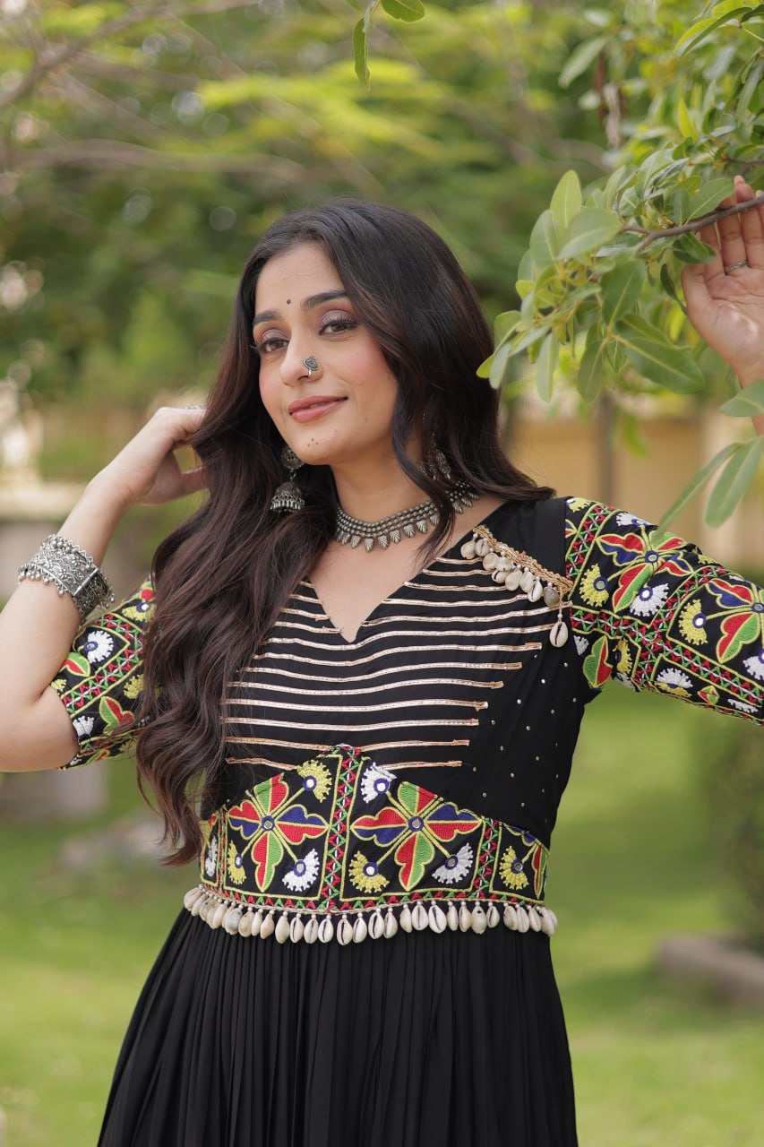 RangBhoomi Navratri Gown 2026 — Rust & Black Embroidered Multi-Tiered Festive Gown