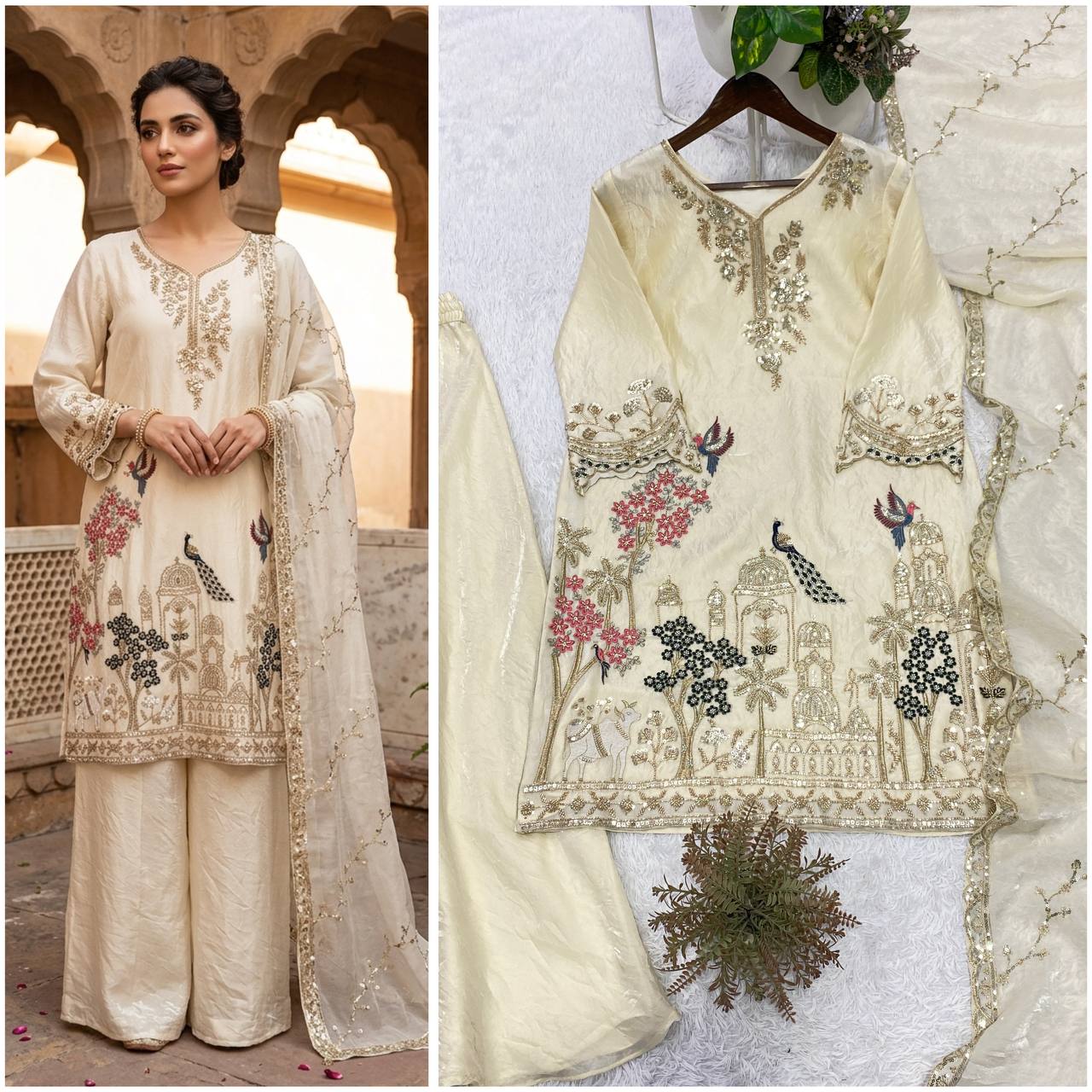 RangBhoomi Designer Beads & Sequence Embroidered Top with Fendy Plazzo and Dupatta