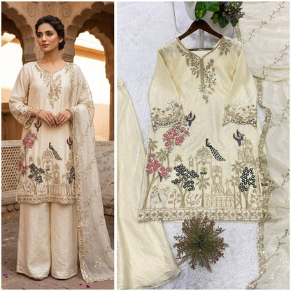 RangBhoomi Designer Beads & Sequence Embroidered Top with Fendy Plazzo and Dupatta