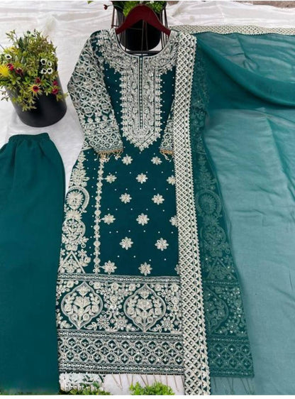 New Collection Faux Georgette Ensemble with Intricate Heavy Embroidery, Sequin Detailing, and Fully Stitched Ready-to-Wear Top, Bottom, and Dupatta Set
