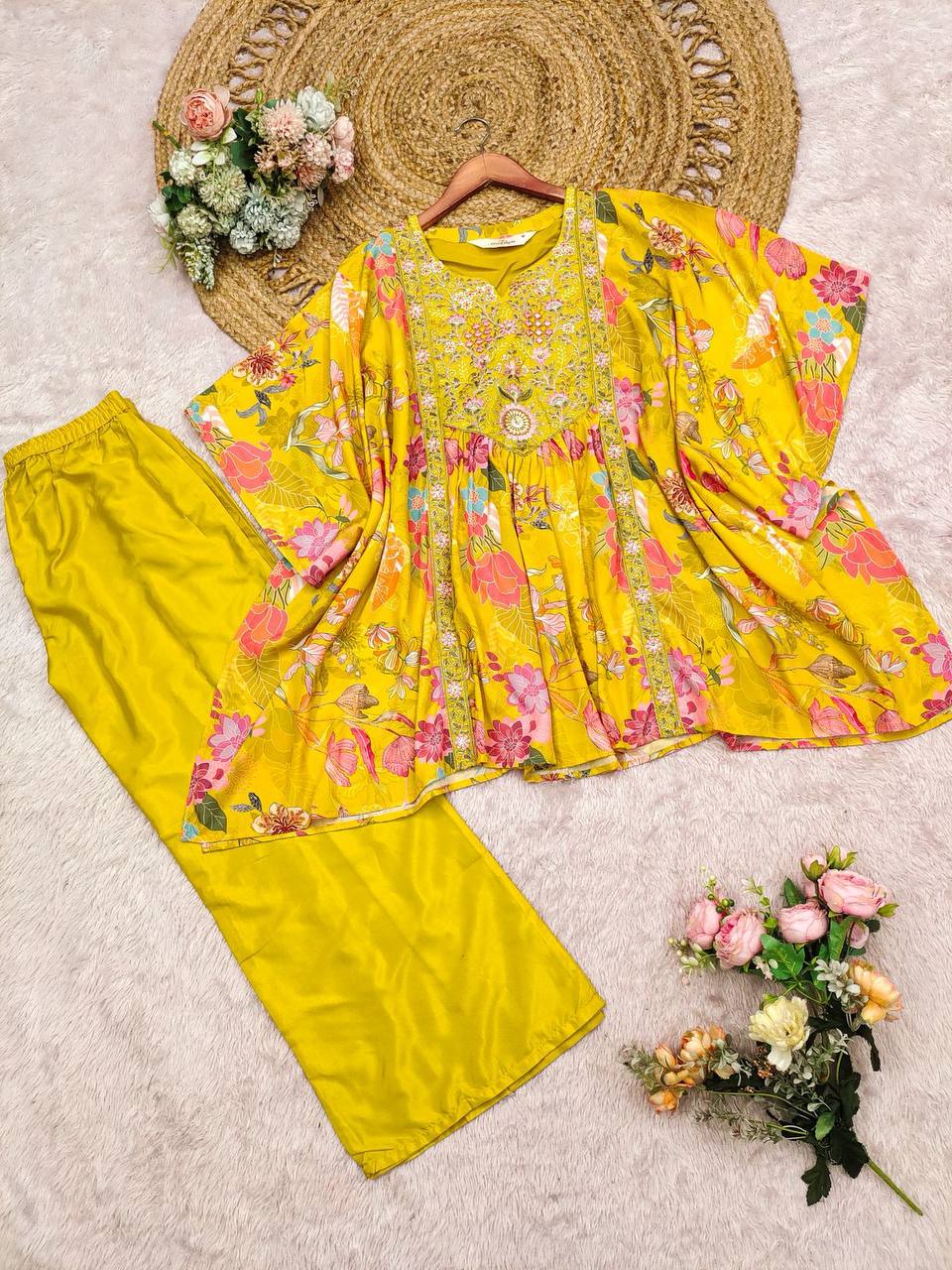 Yellow floral print crepe kaftan with embroidery paired with matching palazzo pants.