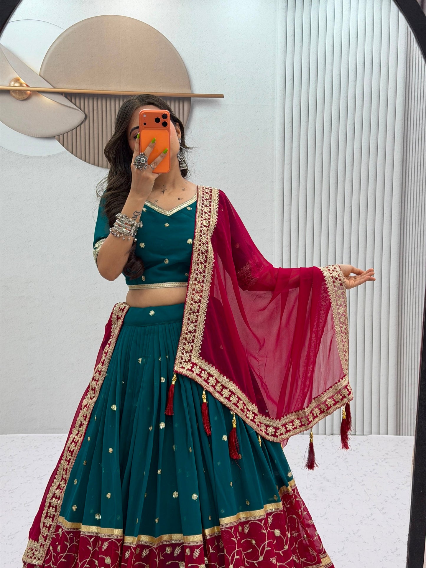 RangBhoomi Tapi Creation Vintage Navratri Lehenga Choli - 6m Flair, Fox Georgette