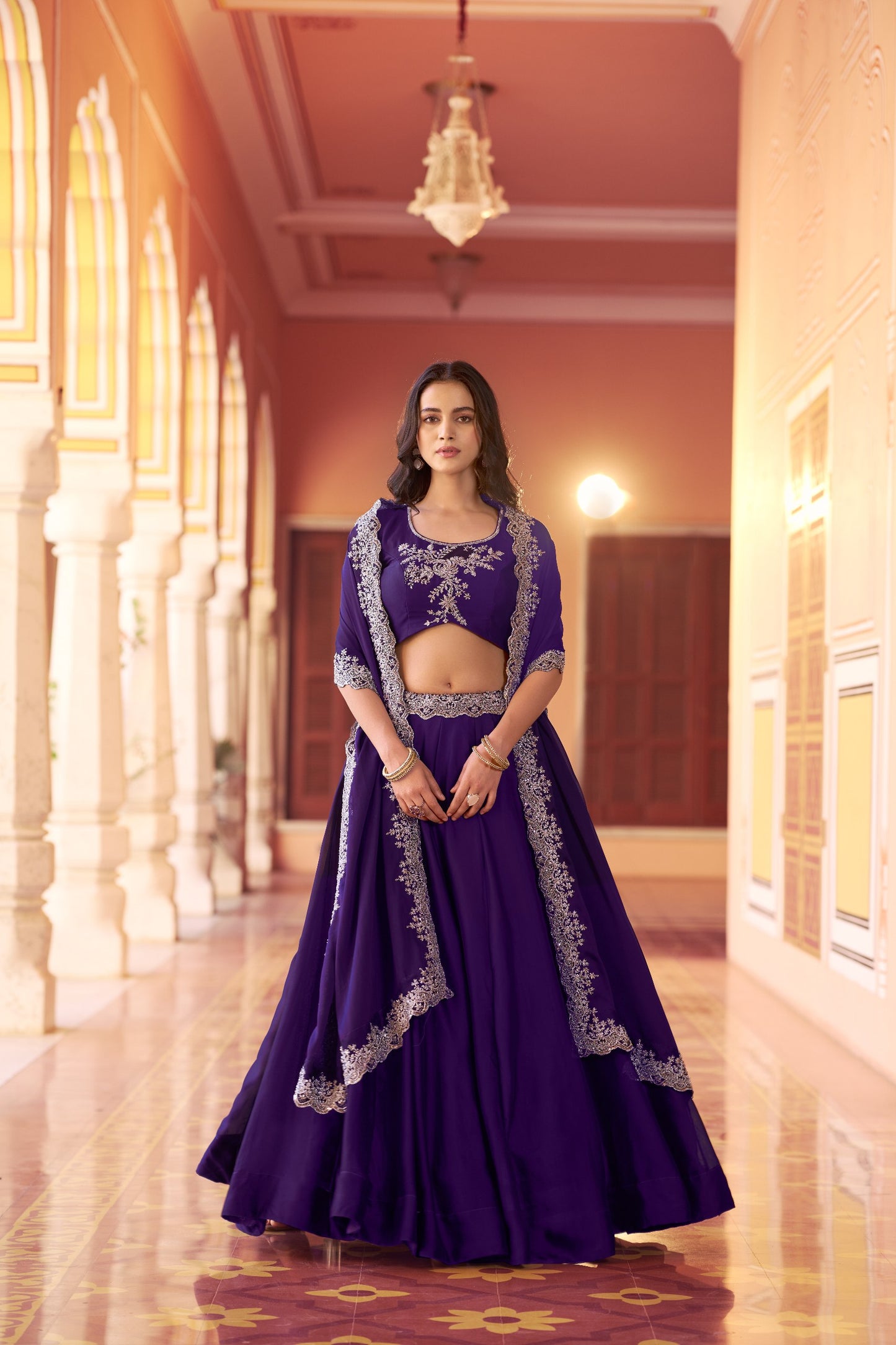 Regal Mist Designer Ensemble with Intricate Embroidery and Luxurious Rangoli Silk