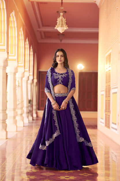 Regal Mist Designer Ensemble with Intricate Embroidery and Luxurious Rangoli Silk