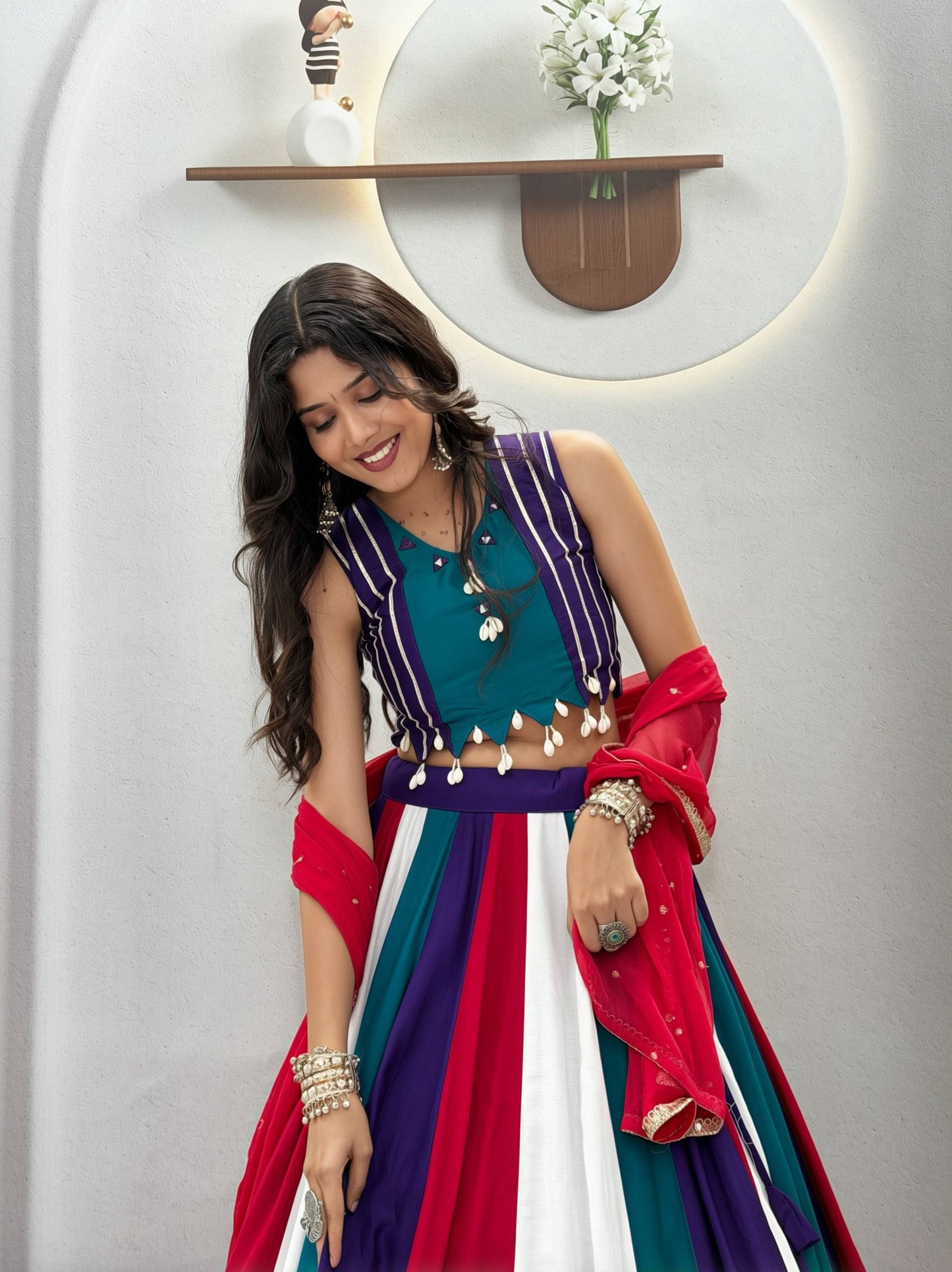 RangBhoomi Navratri Special Vintage Lehenga Choli with Dupatta — Pure Cotton, Hand Mirror & Thread Work