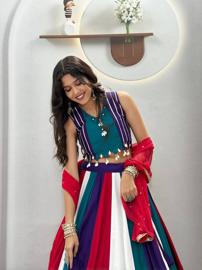 RangBhoomi Navratri Special Vintage Lehenga Choli with Dupatta — Pure Cotton, Hand Mirror & Thread Work