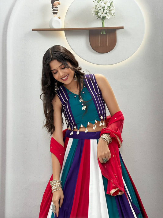 RangBhoomi Navratri Special Vintage Lehenga Choli with Dupatta — Pure Cotton, Hand Mirror & Thread Work