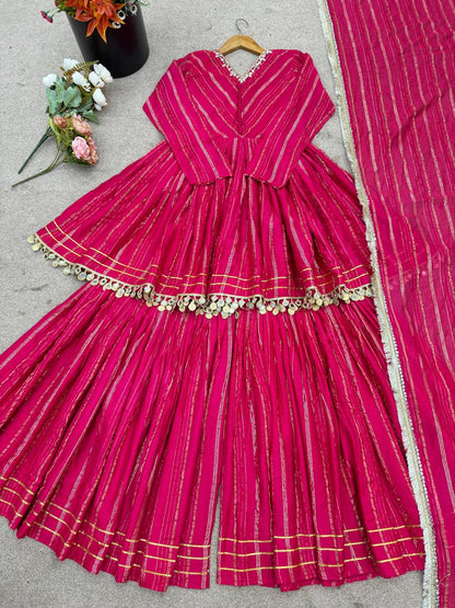 Elegant Women's Ethnic Ensemble with Real Mirror and Handwork – Ready-to-Wear Mal Chanderi Set with Sharara Palazzo and Mirror Lace Dupatta