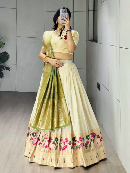 Exquisite Paithani Silk Lehenga with Vibrant Colorful Motifs, Iconic Gold Zari Border, and Signature Satin Silk Dupatta