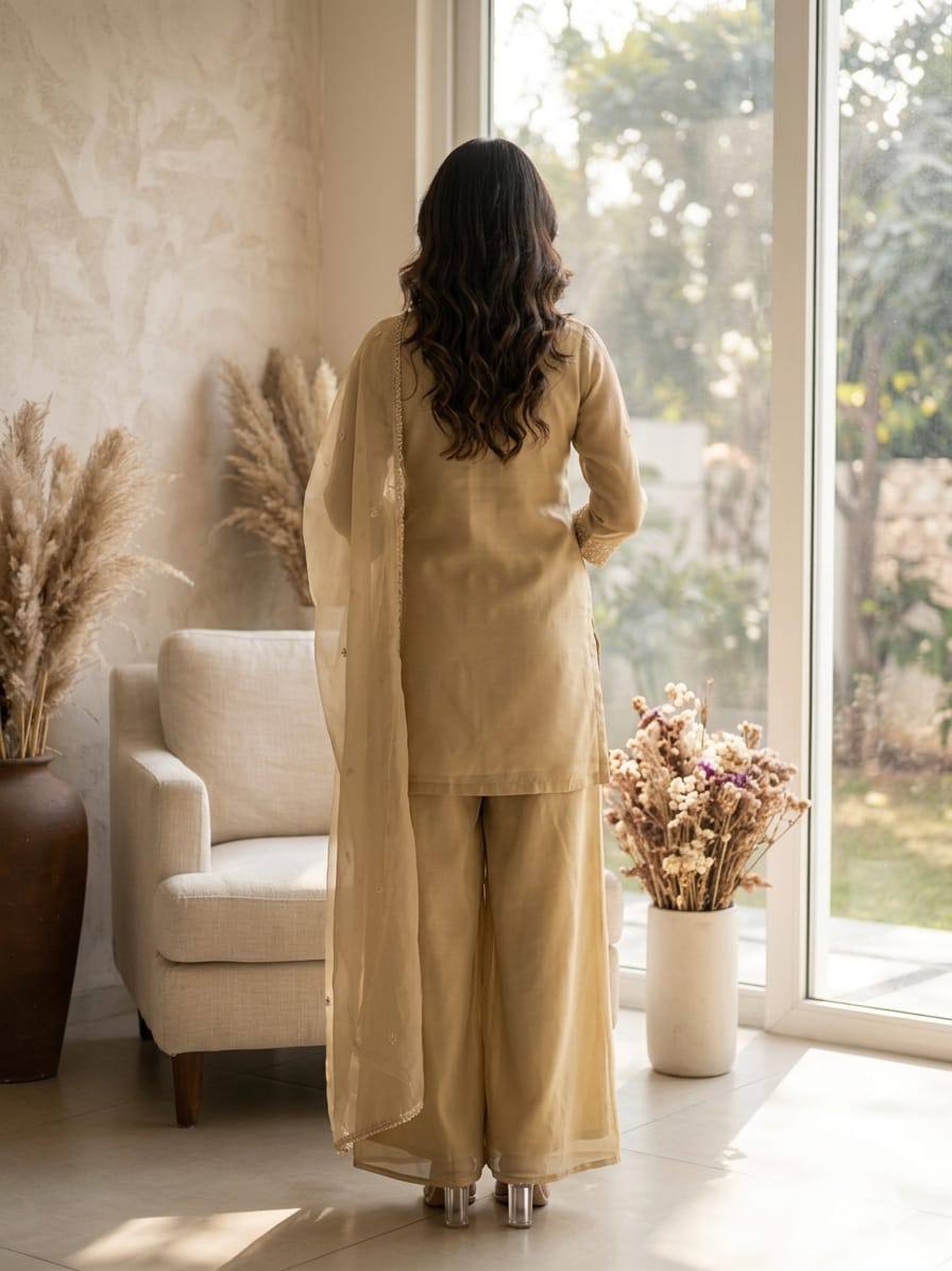 Designer Fusion Style Luxury Edition Women's Ethnic Set with Sequined Cosmos Fabric and Organza Lace Dupatta